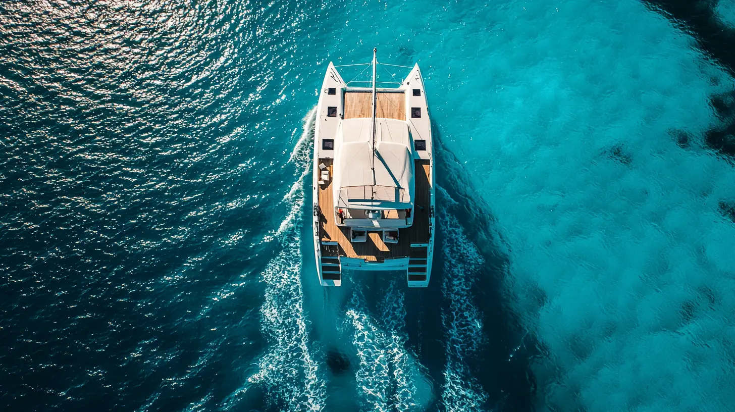 Aerial view of luxury catamaran in Mediterranean waters